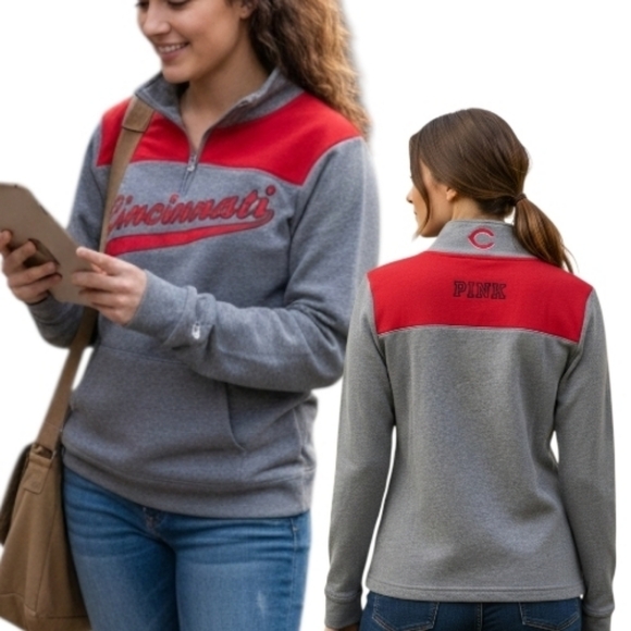 PINK Victoria's Secret Cincinnati Reds Quarter-Zip Pullover | Grey & Red | Med - Picture 2 of 8